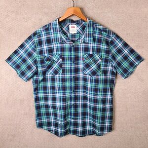 Levis Shirt Men XXL Black Blue Green Plaid Short Sleeve Button Down Cotton Blend